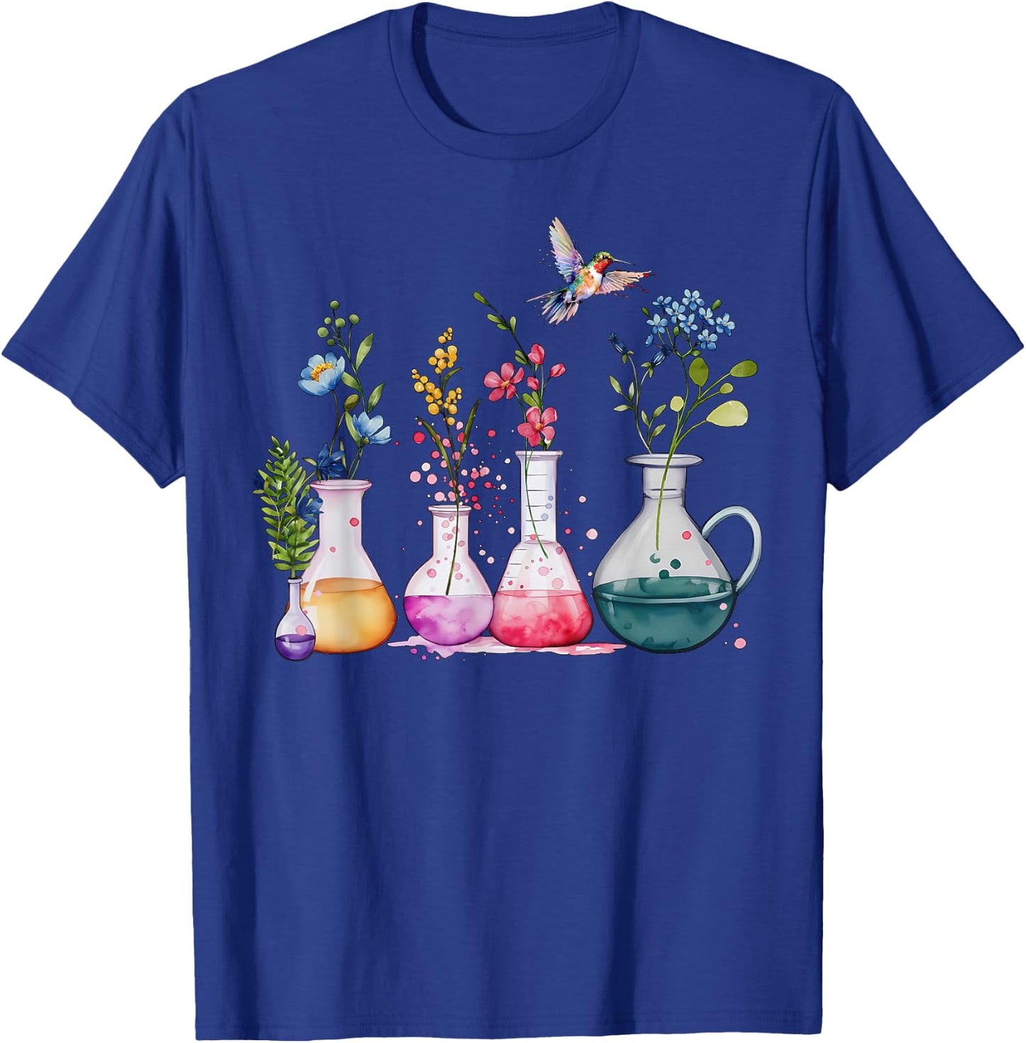 Floral Beakers Laboratory Hummingbird Chemistry Science T-Shirt - T-Shirt | Royal