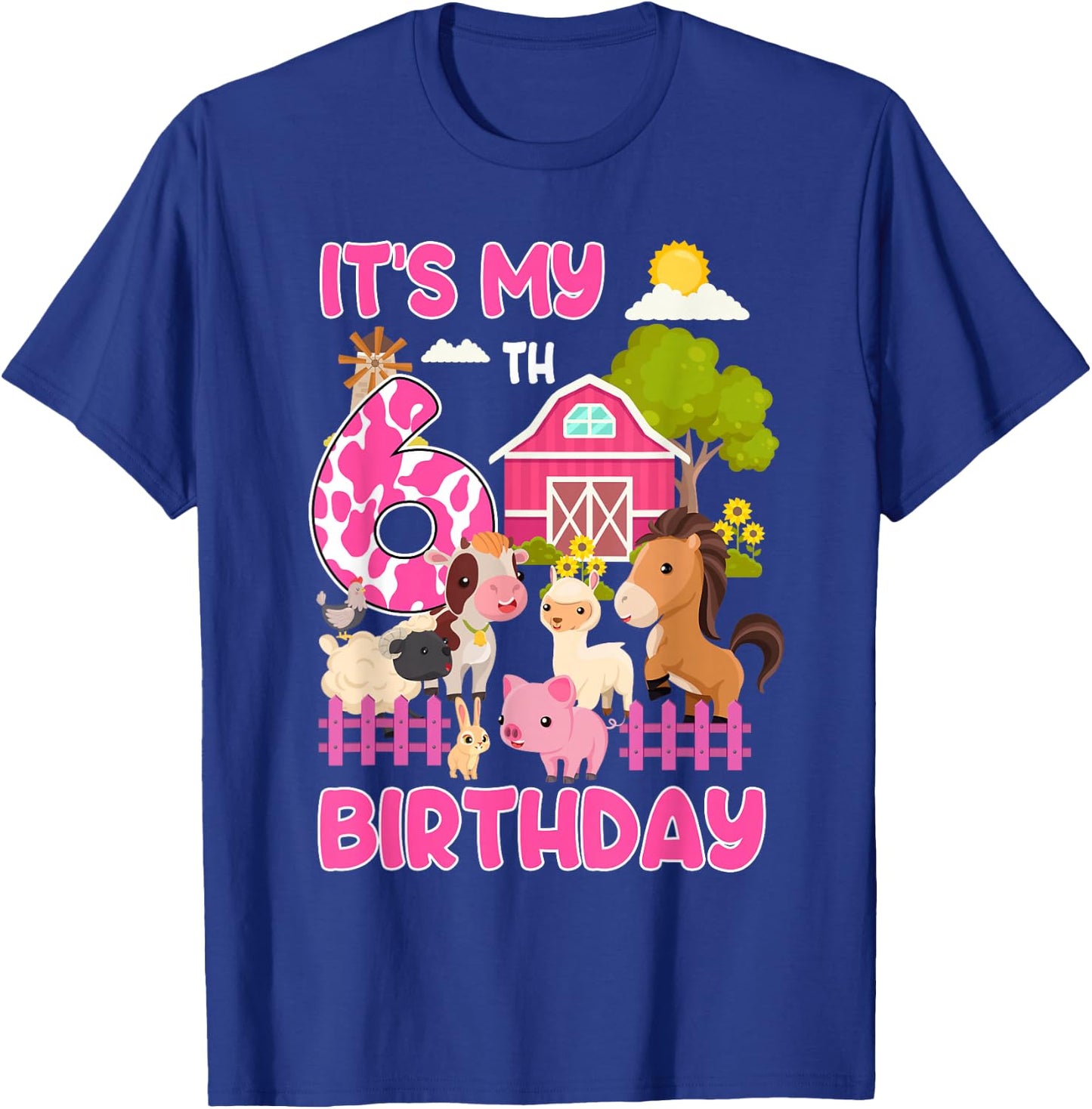 It’s My 6th Birthday Farm Animals 6 Year Old Girl Party T-Shirt - T-Shirt | Royal
