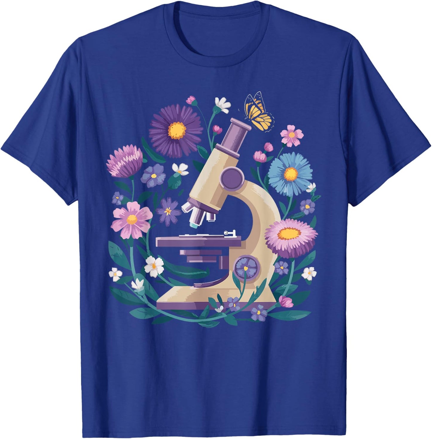 Microscope Flower Butterfly Biology Science Teacher Student T-Shirt - T-Shirt | Royal