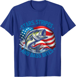 Fisherman Stars Stripes And Bass Bites Bass Fishing T-Shirt - T-Shirt | Royal