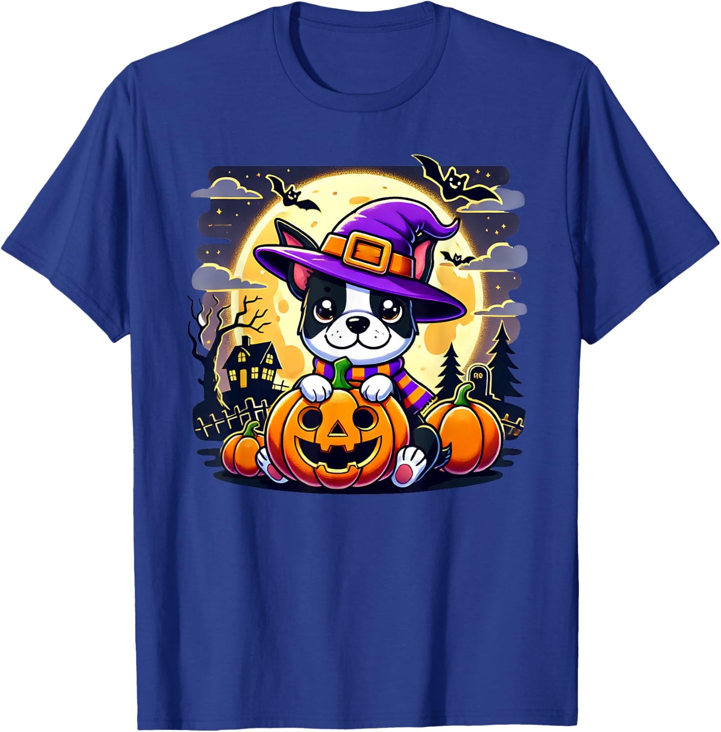 Halloween Boston Terrier Dog Breed With Jack O' Lantern Art Women Kids T-Shirt - T-Shirt | Royal