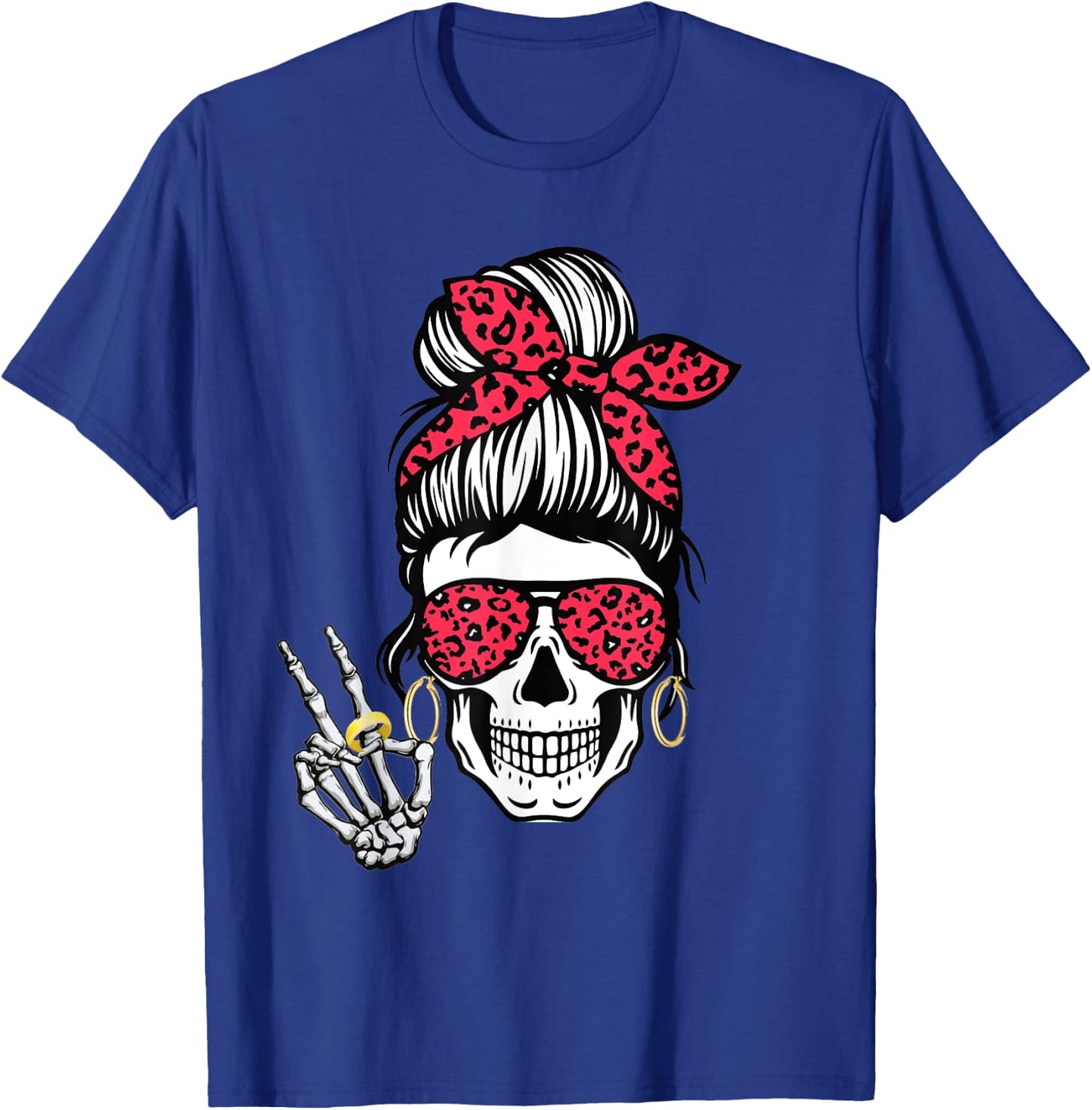 Boho Skeleton Peace Sign Messy Bun Bandana Halloween Apparel T-Shirt - T-Shirt | Royal
