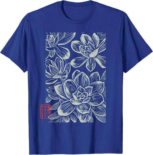 Japanese Boho Flowers – Sumi-e Style Floral Botanical Art T-Shirt - T-Shirt | Royal