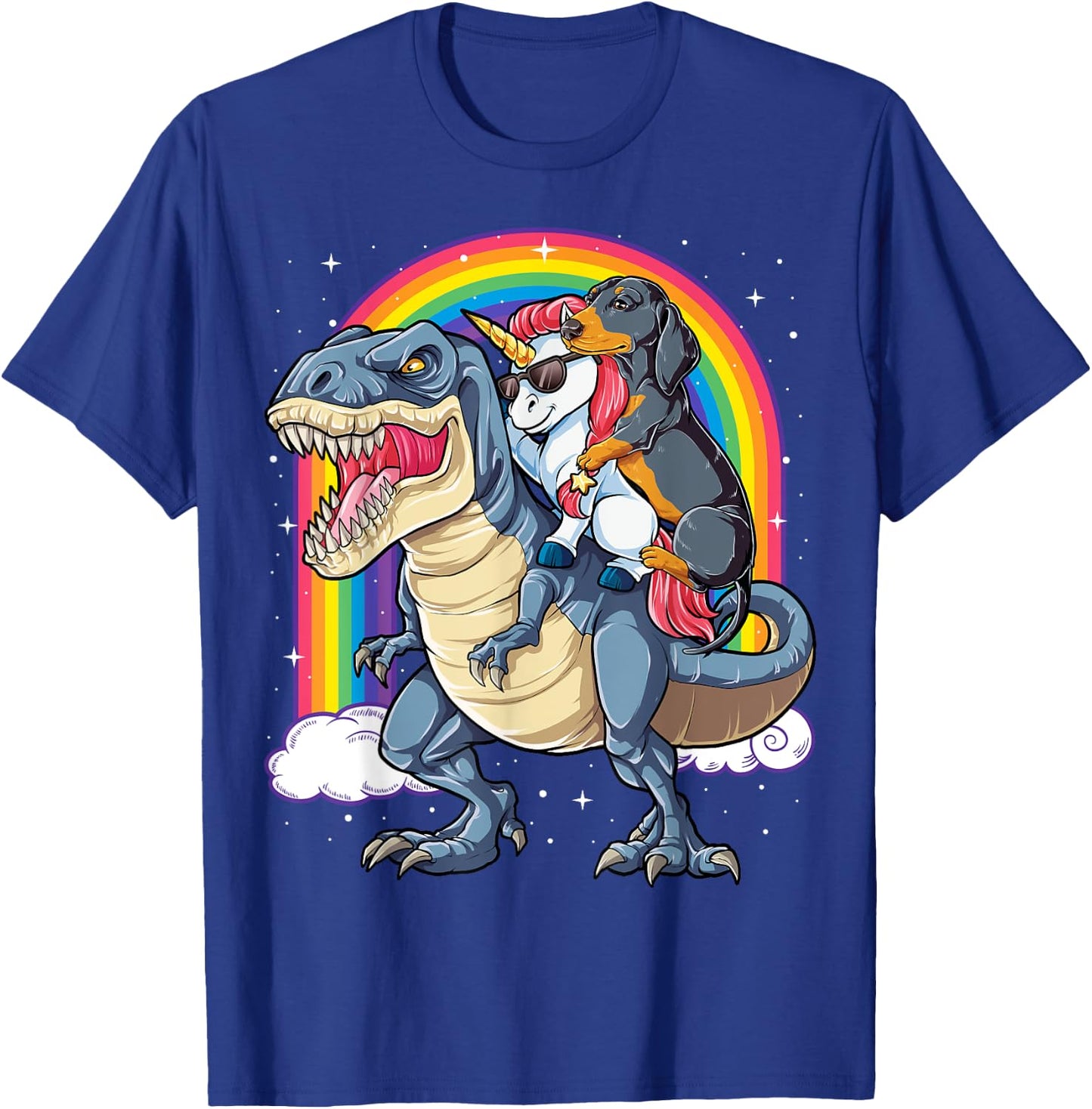 Dachshund Unicorn Riding Dinosaur T-rex Gifts Women Rainbow T-Shirt - T-Shirt | Royal