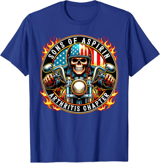 Sons of Aspirin Arthritis Chapter Skeleton Biker Motorcycle T-Shirt - T-Shirt | Royal