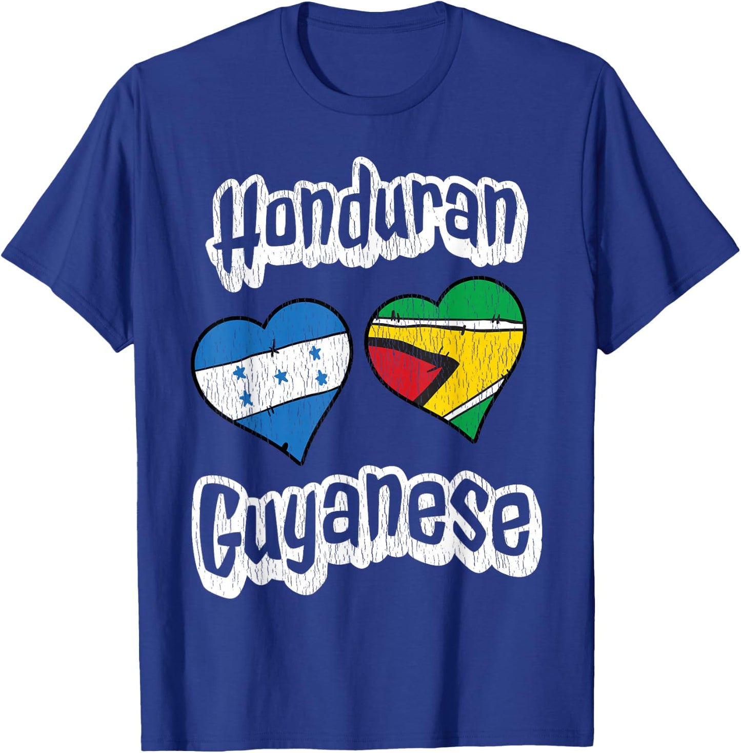 Honduran Guyanese Flag Heart Combo Distressed T-Shirt - T-Shirt | Royal