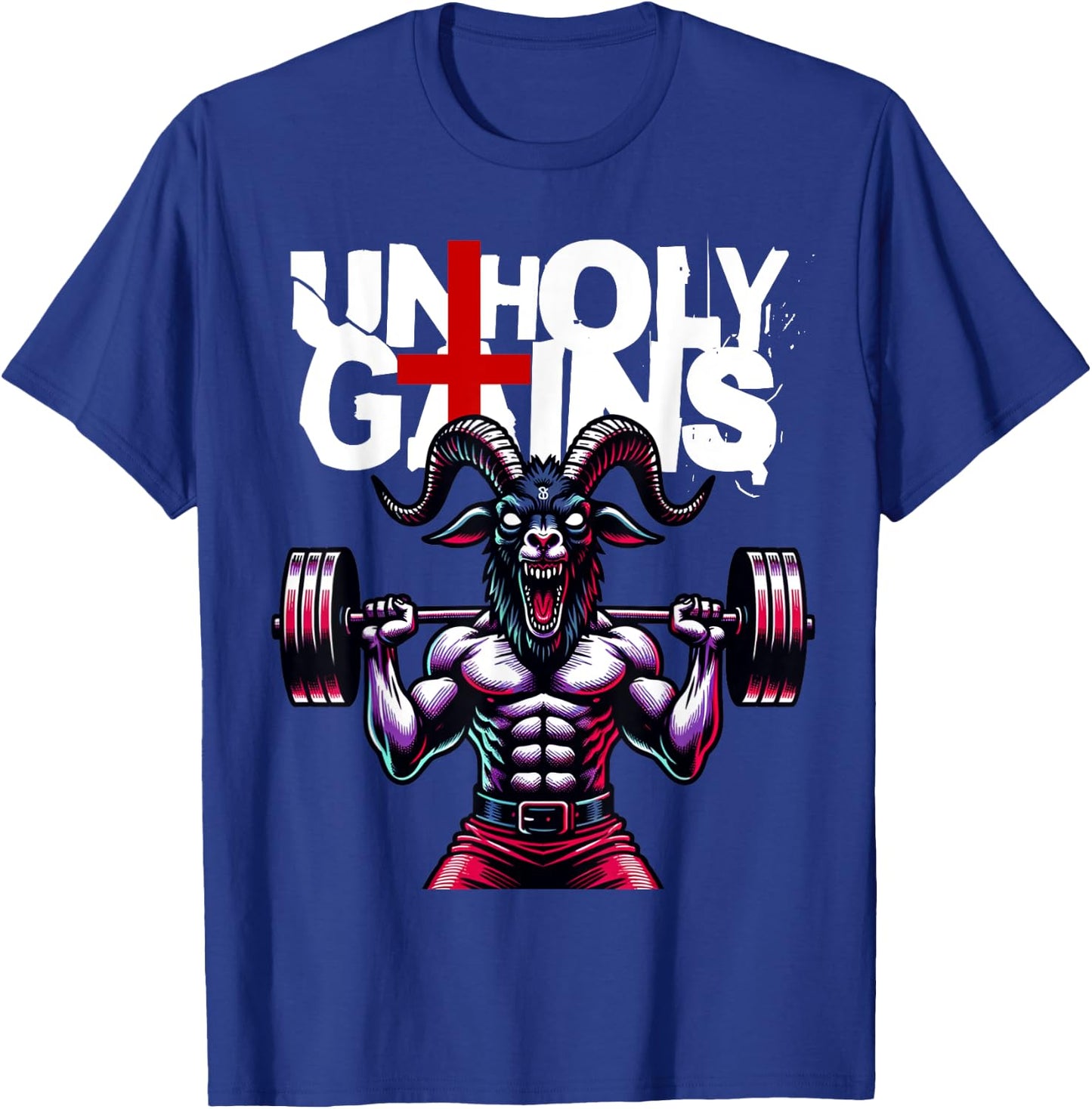 Unholy Gains Satanic Workout Devil Worship Goat Deadlift Gym T-Shirt - T-Shirt | Royal