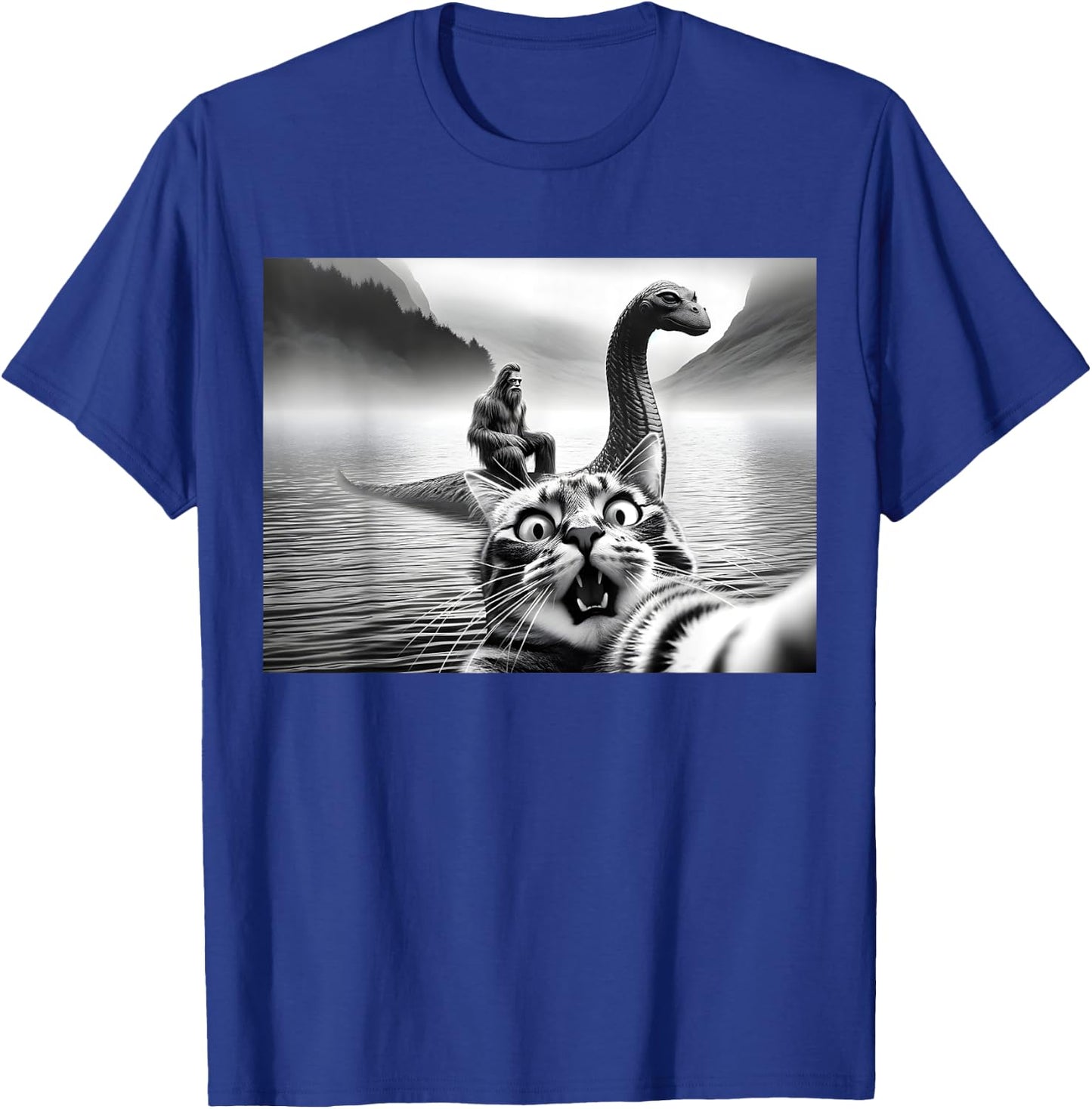 Bigfoot Riding Loch Ness Monster Surprised Scared Cat Selfie Women Girls Kids T-Shirt - T-Shirt | Royal