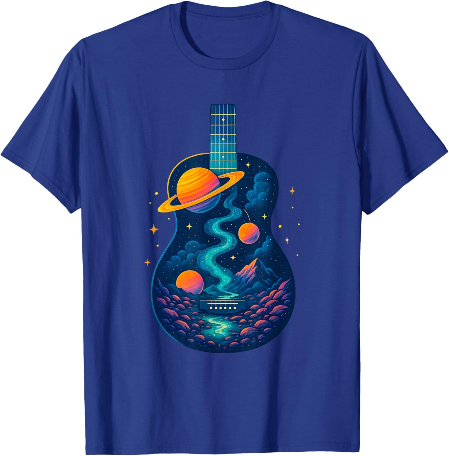 Guitar Space Reflections Galaxy and Planets Guitarist Band T-Shirt - T-Shirt | Royal