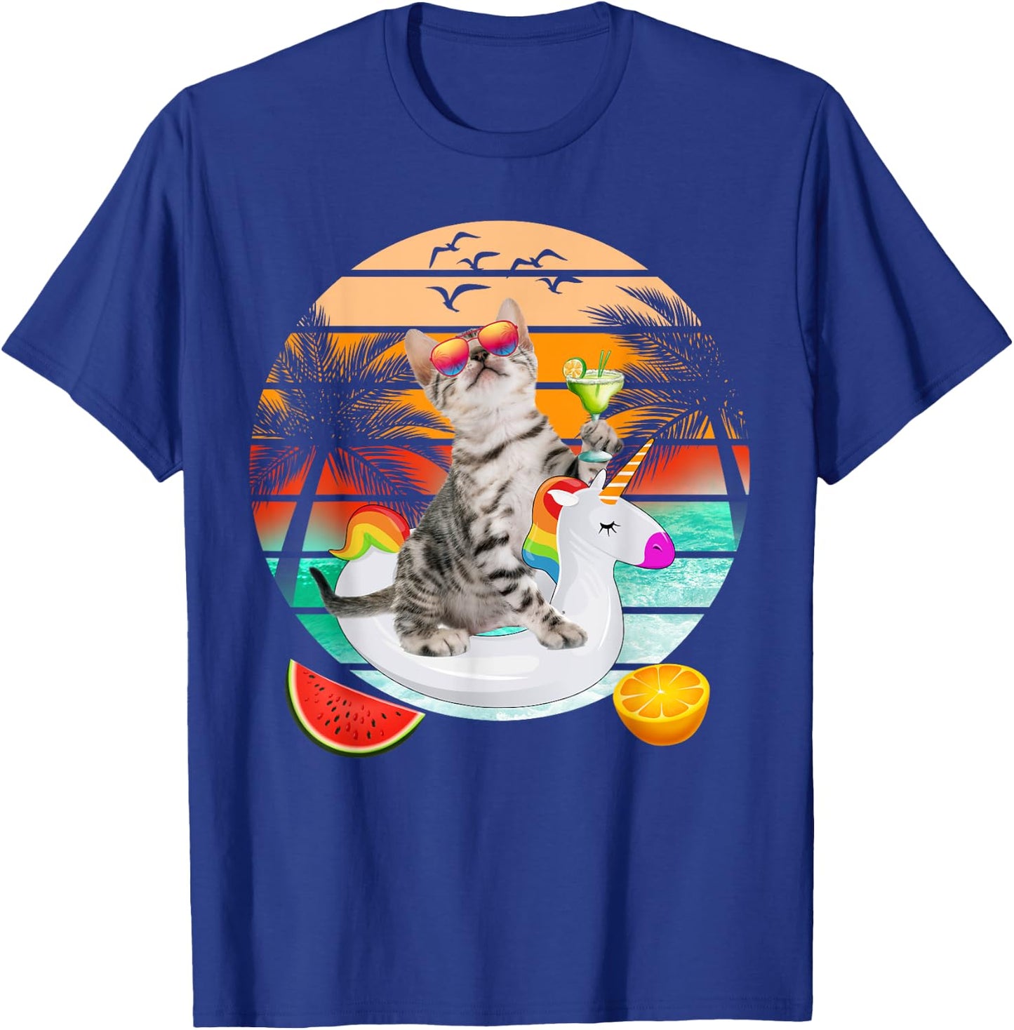 Cute Cat With Margarita & Unicorn Float Kitten Summer Vibes T-Shirt - T-Shirt | Royal