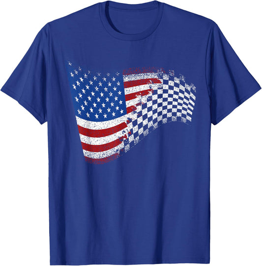 Checkered American Flag Racing T-Shirt - T-Shirt | Royal