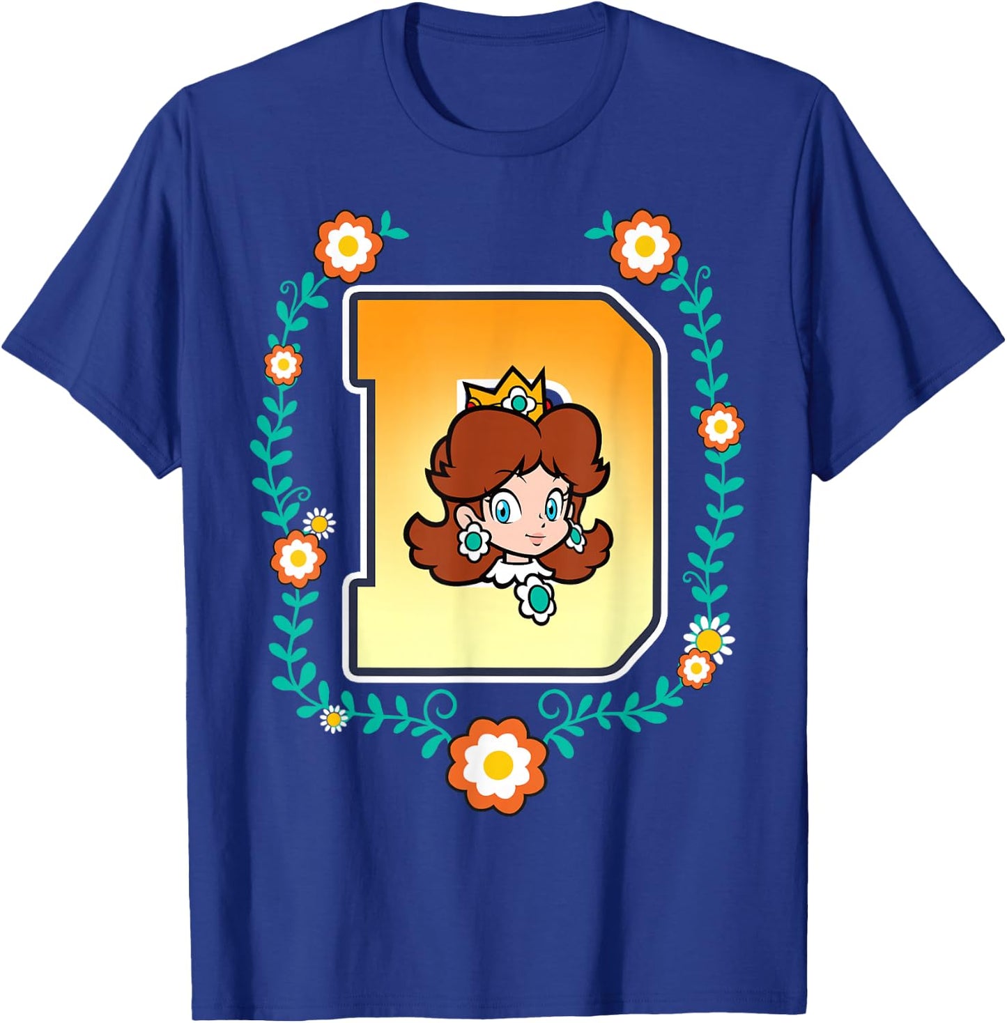 Super Mario Princess Daisy University Letter Portrait Logo T-Shirt - T-Shirt | Royal