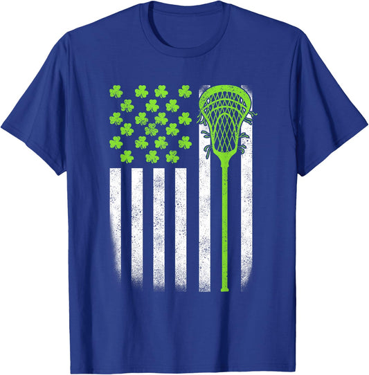 St Patricks Day Lacrosse Lax USA Flag Women Irish Shamrock T-Shirt - T-Shirt | Royal