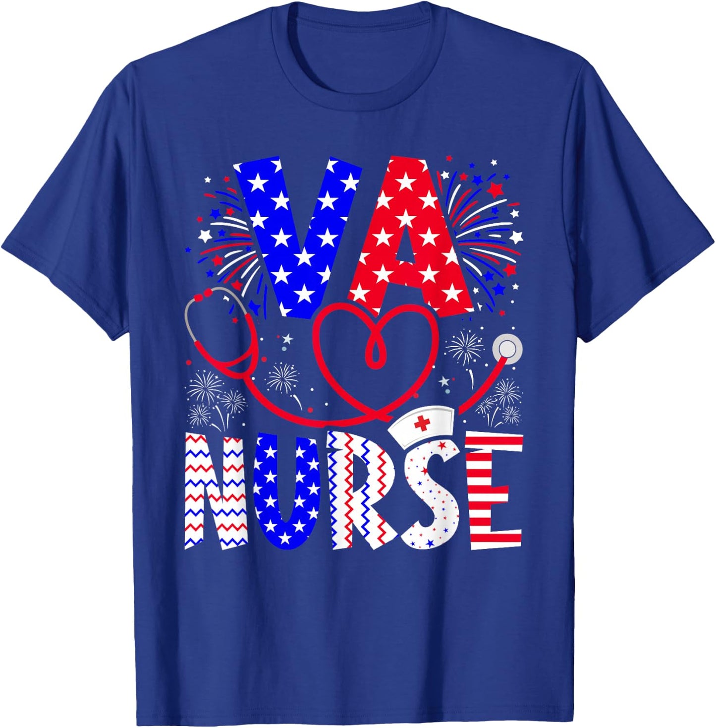VA Nurse 4th Of July American Flag Stethoscope T-Shirt - T-Shirt | Royal