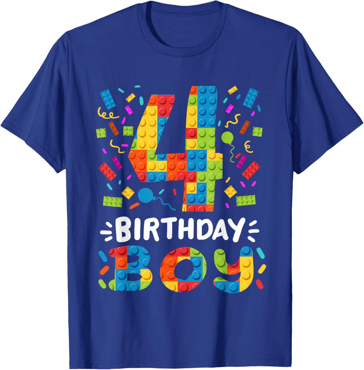 Kids 4 Years Old Building Blocks Builder 4th Birthday Boys T-Shirt - T-Shirt | Royal