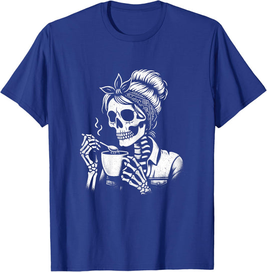 Lazy & Easy Halloween Costumes Skeleton Coffee Messy Bun T-Shirt - T-Shirt | Royal
