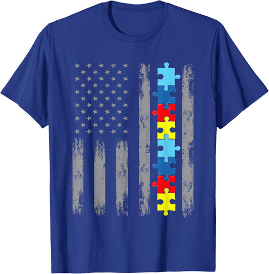 Autism Awareness American Flag Shirt, Autistic US Patriotic T-Shirt - T-Shirt | Royal