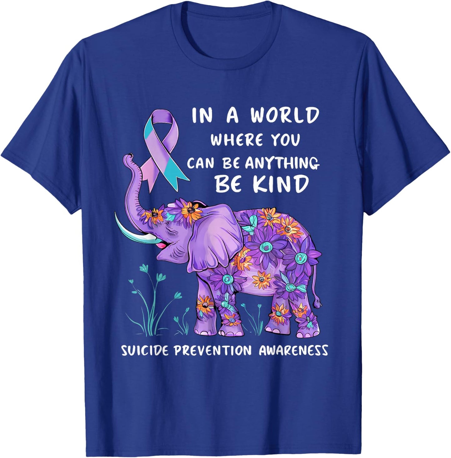 Suicide Prevention Awareness Elephant Teal & Purple Ribbon T-Shirt - T-Shirt | Royal