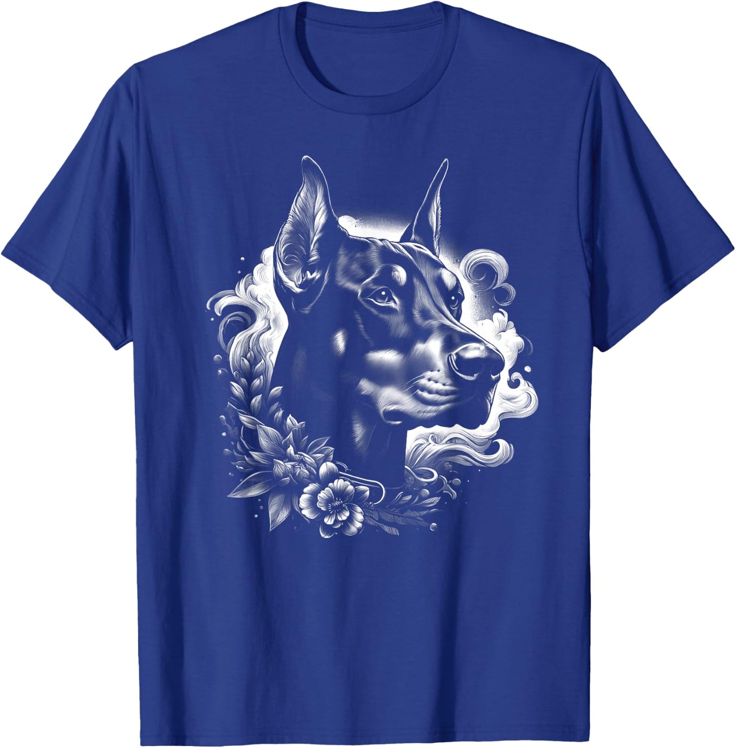 Cool Doberman Portrait with Flowers Decoration T-Shirt - T-Shirt | Royal