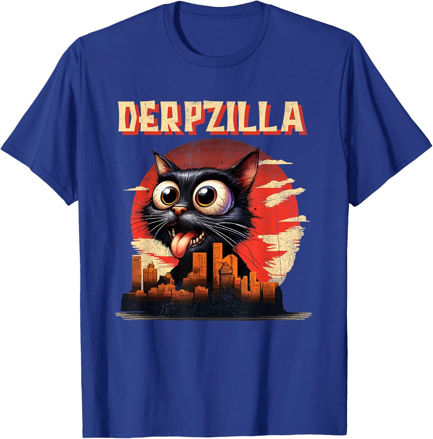 Derpzilla Funny Derpy Giant Cat Kitten City Skyline T-Shirt - T-Shirt | Royal