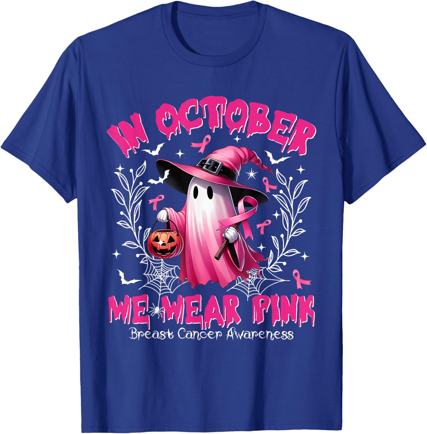 In October We Wear Pink Ghost Witch Breast Cancer Awareness T-Shirt - T-Shirt | Royal