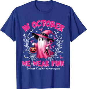 In October We Wear Pink Ghost Witch Breast Cancer Awareness T-Shirt - T-Shirt | Royal
