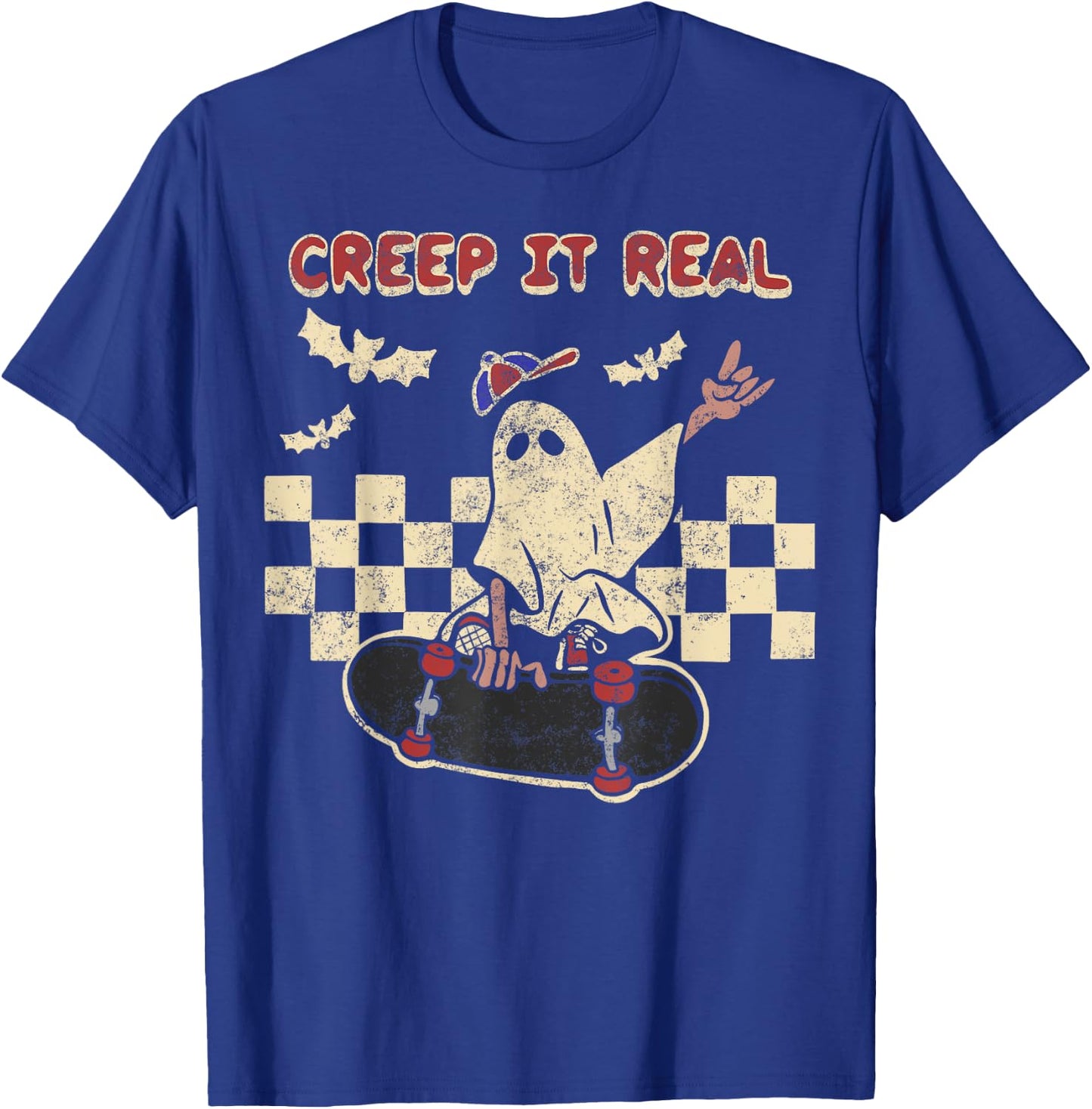 Halloween Boy Girl Retro Creep It Real Ghost on Skateboard T-Shirt - T-Shirt | Royal