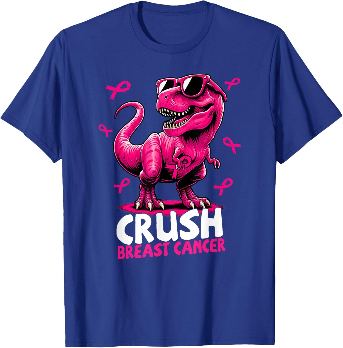 Crush Breast Cancer Dinosaur Holding Pink Ribbon Kids Mom T-Shirt - T-Shirt | Royal