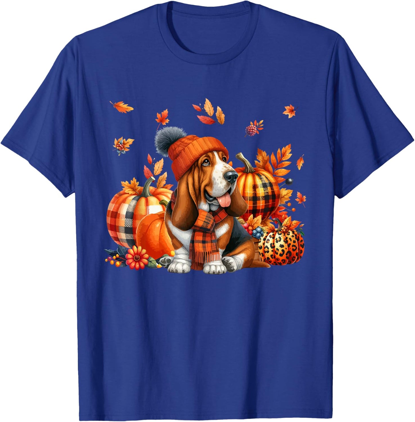 Basset Hound Thanksgiving Leopard Pumpkins Fall Leaves T-Shirt - T-Shirt | Royal