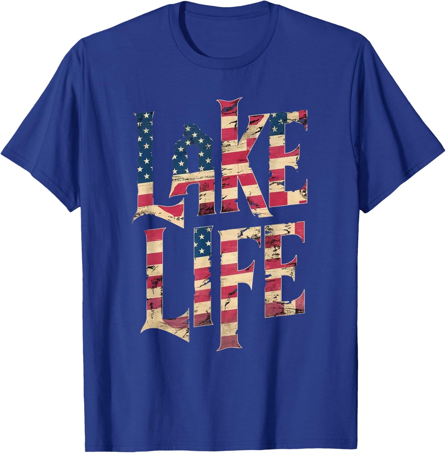Vintage American Flag Lake Life 4th of July Patriotic Women Kids Men T-Shirt - T-Shirt | Royal