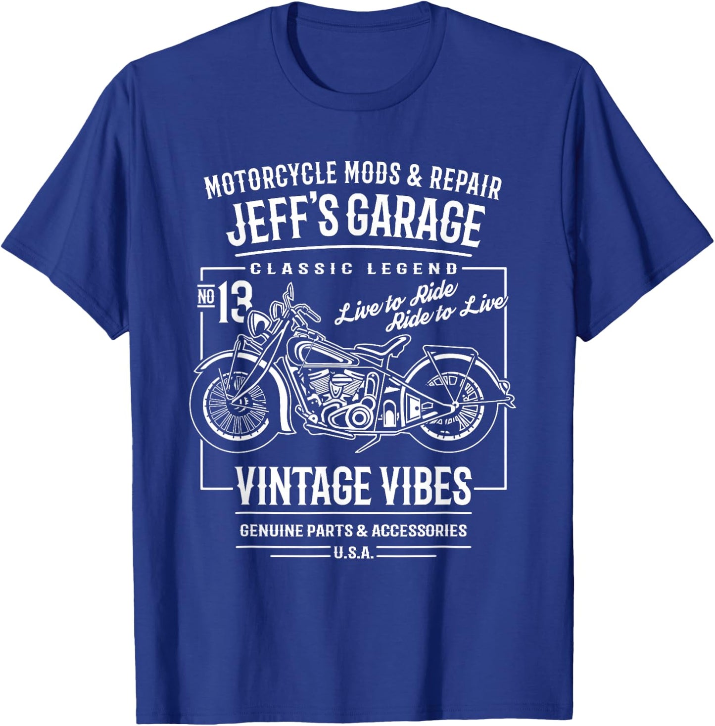 Jeff's Garage Vintage Motorcycle Design for the Name Jeff T-Shirt - T-Shirt | Royal