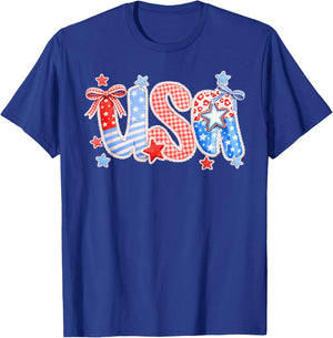 USA Coquette Bow Patchwork Lace Style 4th of July Women Girl T-Shirt - T-Shirt | Royal