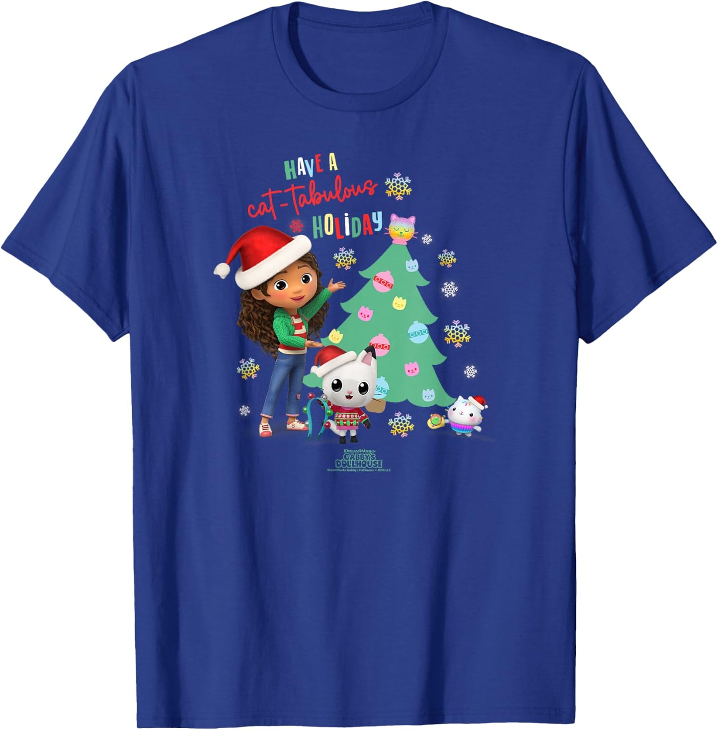 DreamWorks Gabby's Dollhouse Kids Black Cartoon Christmas , Short Sleeve, Small, Cat-tabulous Holiday T-Shirt - T-Shirt | Royal
