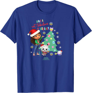 DreamWorks Gabby's Dollhouse Kids Black Cartoon Christmas , Short Sleeve, Small, Cat-tabulous Holiday T-Shirt - T-Shirt | Royal