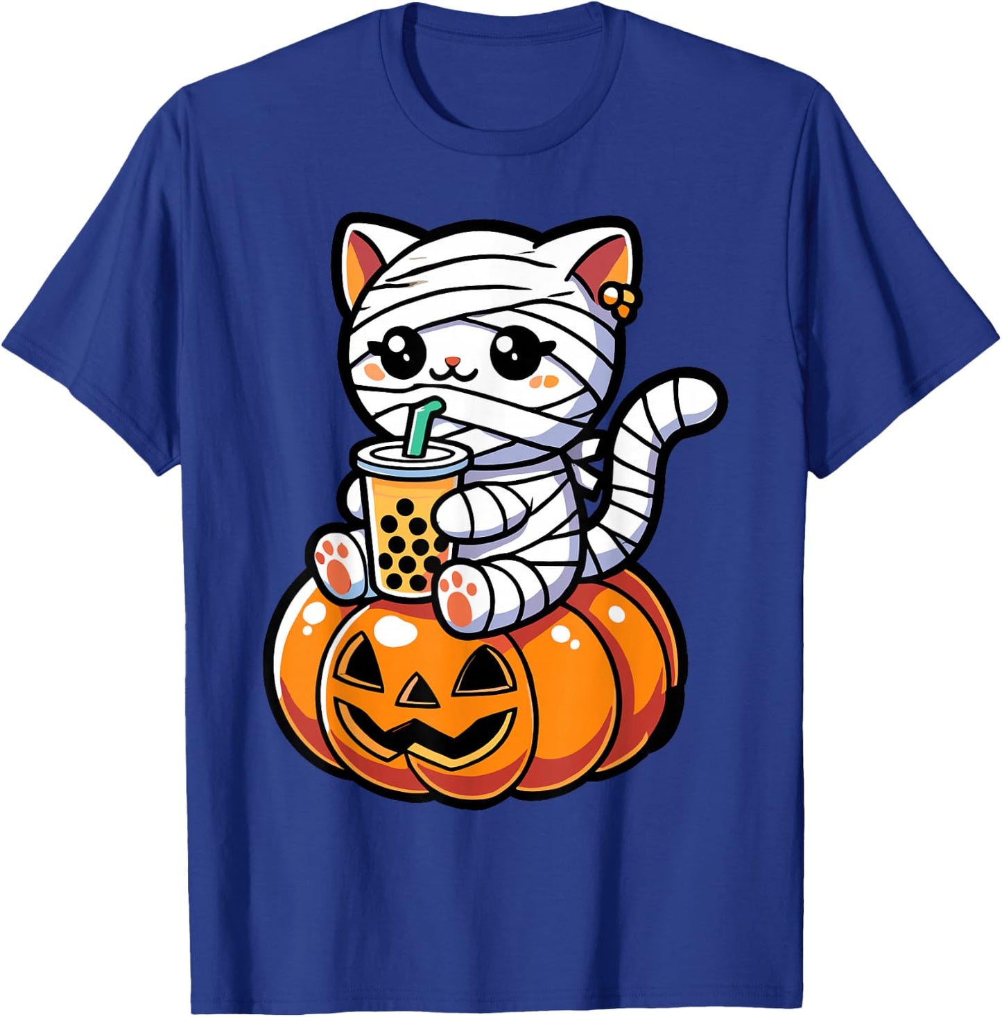 Kawaii Mummy Cat Drinking Boba Tea Halloween Pumpkin Men Women Kids T-Shirt - T-Shirt | Royal