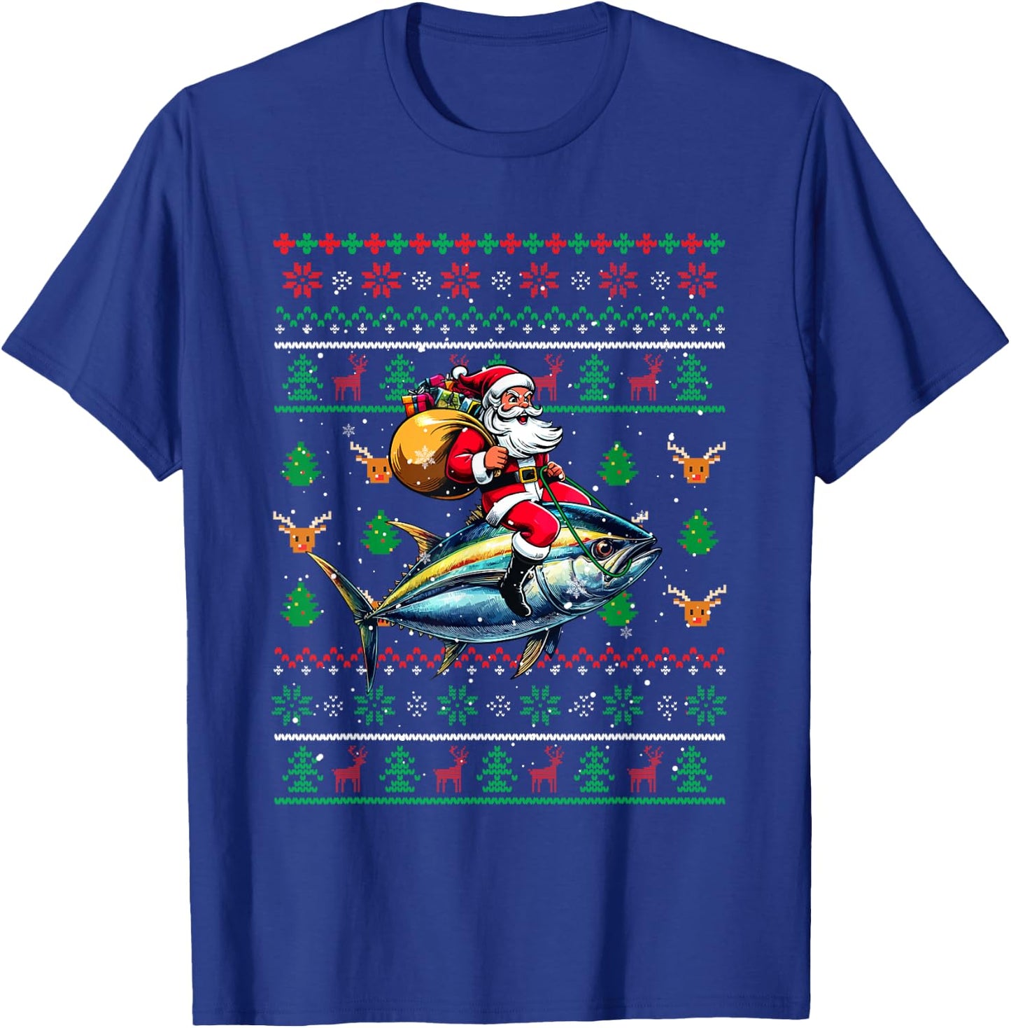 Santa Riding Tuna Christmas Sweater Fishing Fisherman T-Shirt - T-Shirt | Royal