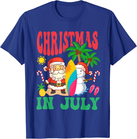 Santa Surfing Hawaiian Beach Christmas In July 2026 T-Shirt - T-Shirt | Royal