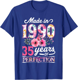 35 Year Old Made In 1990 Floral Flower 35th Birthday T-Shirt - T-Shirt | Royal