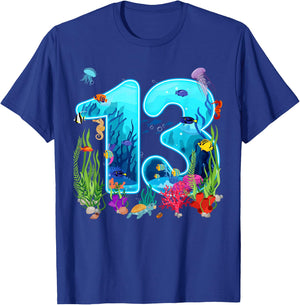 Cute 13 Ocean Sea Animal 13th Bday Party 13 Years Old T-Shirt - T-Shirt | Royal