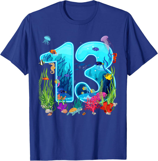 Cute 13 Ocean Sea Animal 13th Bday Party 13 Years Old T-Shirt - T-Shirt | Royal