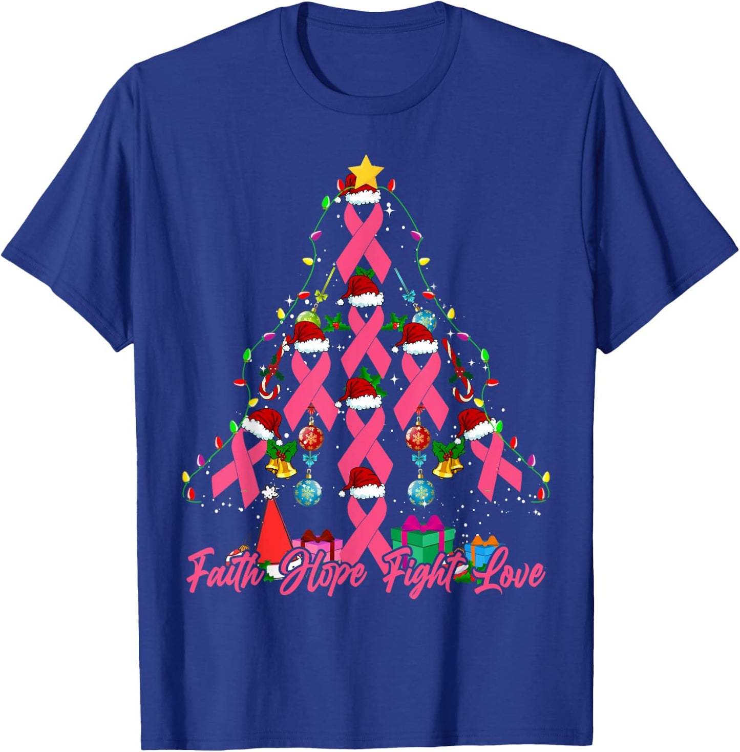Santa Pink Ribbon Christmas Tree Breast Cancer Awareness T-Shirt - T-Shirt | Royal