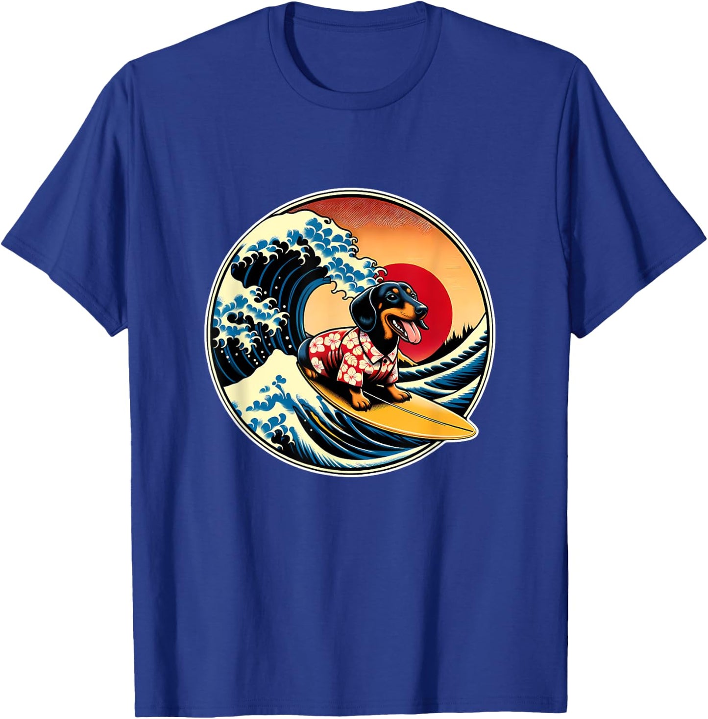 Great Wave Kanagawa Weiner Dachshund Dog Surfing Men Women Kids T-Shirt - T-Shirt | Royal