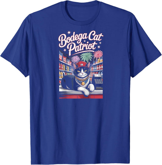 Patriotic Cat Fireworks Grocery Bodega July 4th Style Raglan Baseball T-Shirt - T-Shirt | Royal