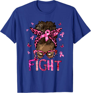 Fight Breast Cancer Survivor Messy Bun Black Women Warrior T-Shirt - T-Shirt | Royal