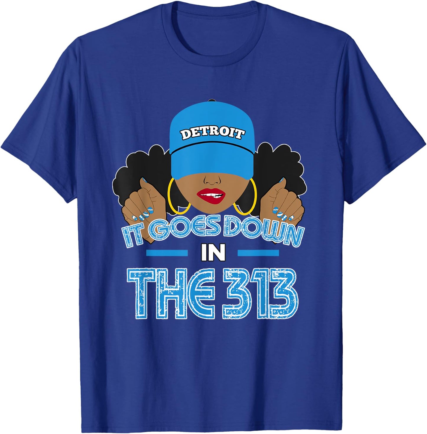 313 Detroit Hometown African American Woman Retro T-Shirt - T-Shirt | Royal