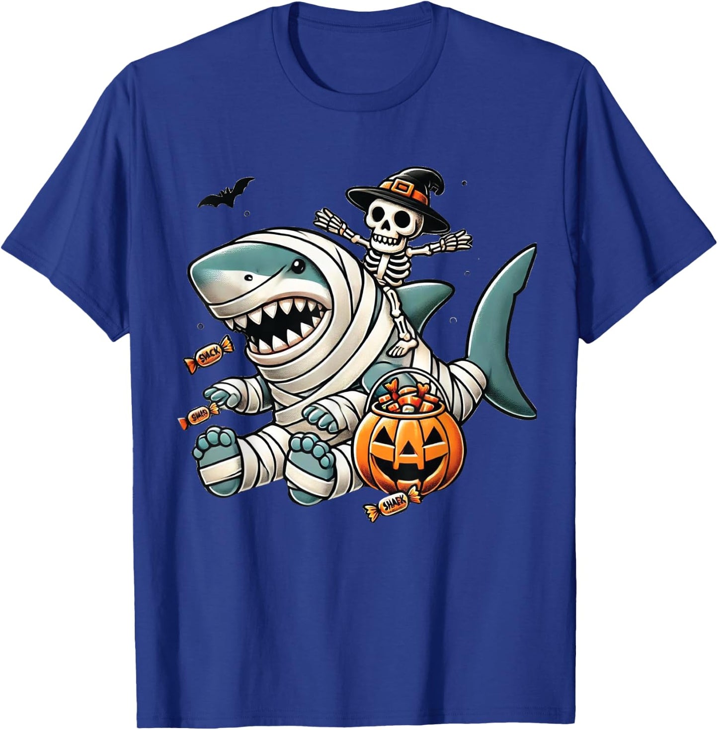Skeleton Riding Shark Funny Halloween Pumpkin Boys Kids T-Shirt - T-Shirt | Royal