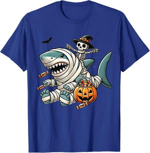 Skeleton Riding Shark Funny Halloween Pumpkin Boys Kids T-Shirt - T-Shirt | Royal