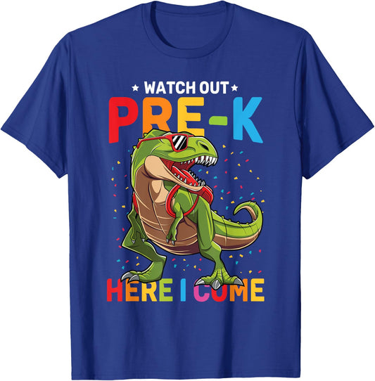 Watch Out Pre-K Here I Come Dinosaur Back to School Boys T-Shirt - T-Shirt | Royal