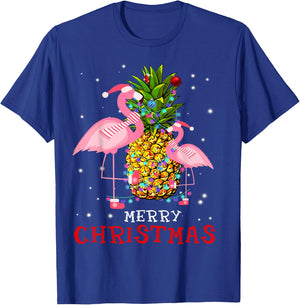 Flamingo Christmas Tree Pineapple Xmas Light Merry Christmas T-Shirt - T-Shirt | Royal