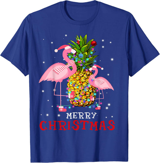 Flamingo Christmas Tree Pineapple Xmas Light Merry Christmas T-Shirt - T-Shirt | Royal